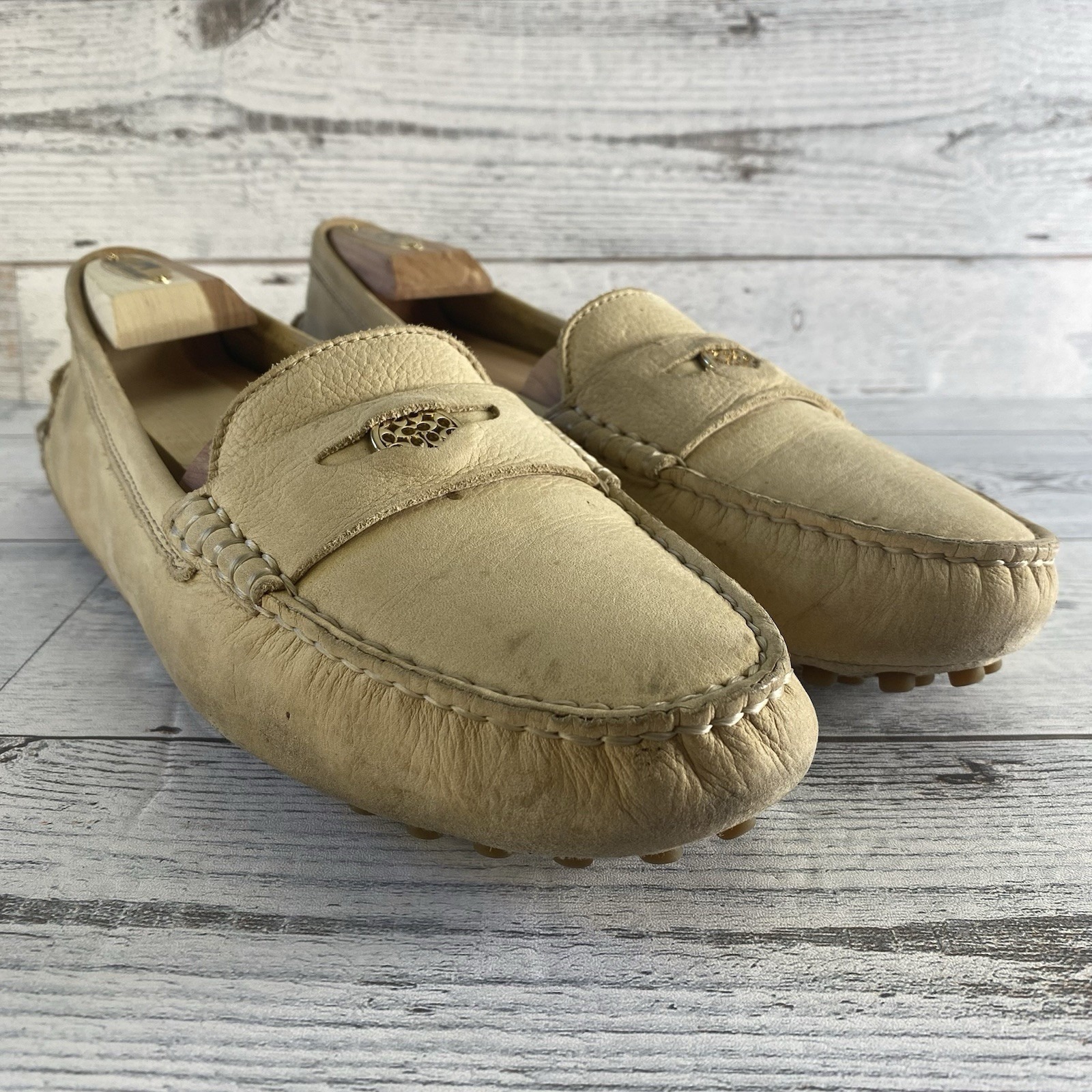 Coach Shoes Mens 11 B Tan Leather Nicola Penny Driving Moccasin Loafer Gold Logo